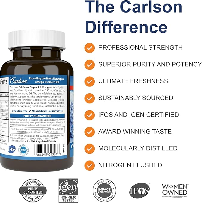 Carlson - Cod Liver Oil, Super 1000 mg + Vitamins A & D3, Wild Norwegian, Sustainably Sourced, 100 Softgels