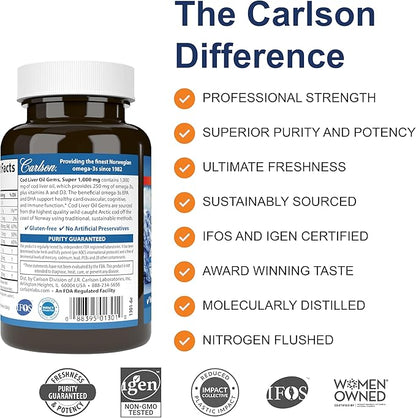 Carlson - Cod Liver Oil, Super 1000 mg + Vitamins A & D3, Wild Norwegian, Sustainably Sourced, 100 Softgels
