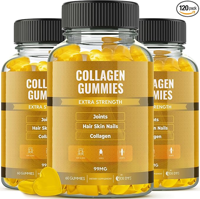 Dr. Emy's Collagen Gummies Gummy Vitamin for Women & Men, Hair, Skin, Nails, Joint Supplement. Anti-Aging Collagen Gummy Supplements. Strengthen Hair, Skin and Nails. Gelatin-Free. 60 ct Each. (3)