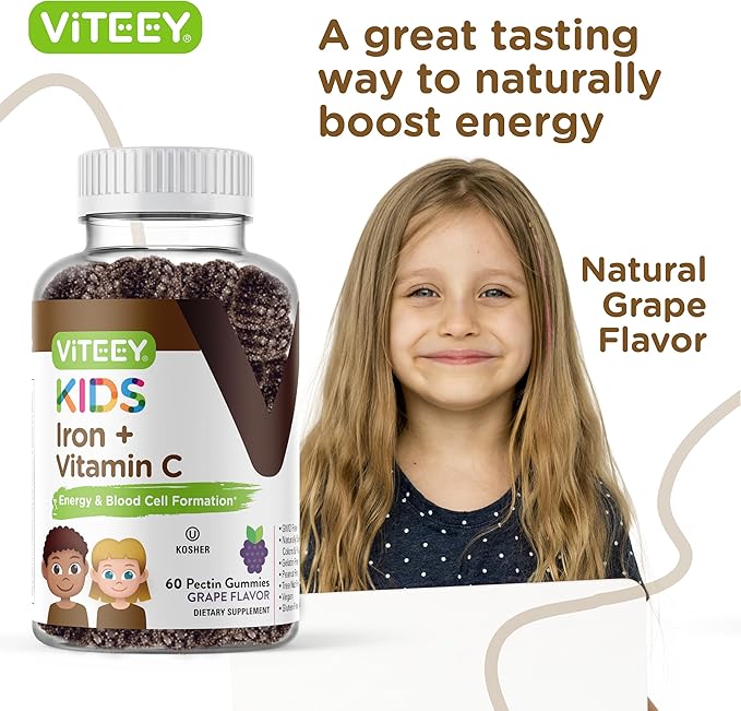 Iron Gummies for Kids with Vitamin C - Supports Energy, Blood Cell Formulation, Blood Builder Anemia Kids Iron Supplements - Vegan, Gelatin Free, Gluten Free - Tasty Chewable Grape Flavored Gummy