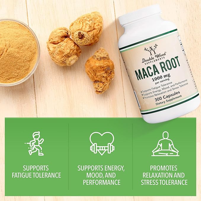 Maca Root Capsules for Women and Men, 300 Count (1,000mg of Black, Red, Yellow Maca Powder per Serving) Grown in Peru (for Energy, Performance, Motivation) by Double Wood