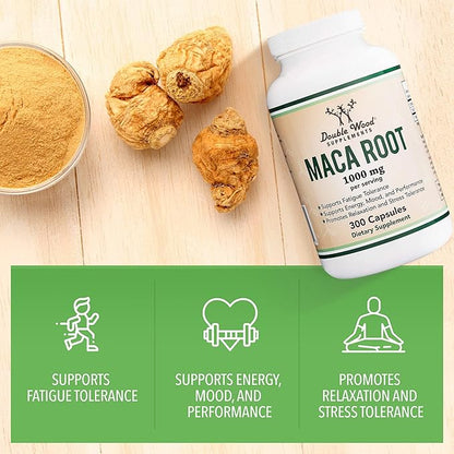 Maca Root Capsules for Women and Men, 300 Count (1,000mg of Black, Red, Yellow Maca Powder per Serving) Grown in Peru (for Energy, Performance, Motivation) by Double Wood