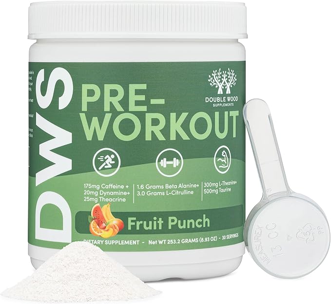 Pre Workout Powder for Men & Women (30 Servings of Caffeine, Beta Alanine, L-Citrulline, Dynamine, L-Theanine, Taurine, Theacrine, & More) Preworkout Powder with Scoop by Double Wood (Fruit Punch)
