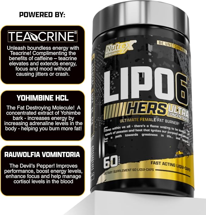 Nutrex Research Lipo-6 Black Hers Ultra Concentrate | Weight Loss Pills for Women | Fat Burner, Appetite Suppressant, Metabolism Booster for Weight Loss + Hair, Skin, & Nails Support | 60 Diet Pills