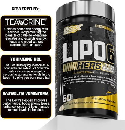 Nutrex Research Lipo-6 Black Hers Ultra Concentrate | Weight Loss Pills for Women | Fat Burner, Appetite Suppressant, Metabolism Booster for Weight Loss + Hair, Skin, & Nails Support | 60 Diet Pills