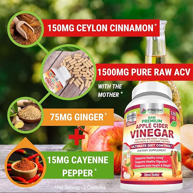 Apple Cider Vinegar Capsules Max 1740mg with Mother - 100% Natural & Raw with Cinnamon, Ginger & Cayenne Pepper - Ideal for Healthy Living, Detox & Digestion -120 Vegan Pills