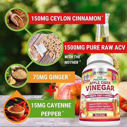 Apple Cider Vinegar Capsules Max 1740mg with Mother - 100% Natural & Raw with Cinnamon, Ginger & Cayenne Pepper - Ideal for Healthy Living, Detox & Digestion -120 Vegan Pills
