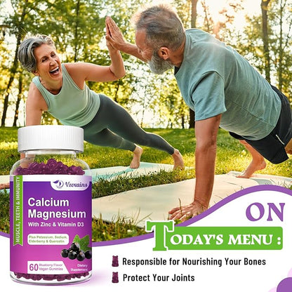High Absorption Calcium Magnesium Zinc Gummies, Calcium Magnesium Supplement with Potassium Vitamin D3 for Bone & Teeth Strength, Muscle Function - Blueberry Flavor 60 Cts