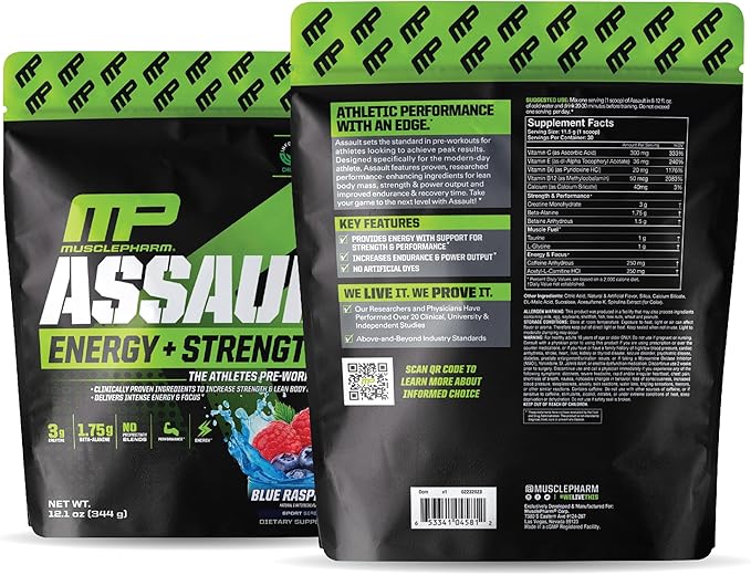 Muscle Pharm Assault Energy & Strength Pre Workout Powder for Men & Women with Beta Alanine, Caffeine, Creatine & Betaine Anhydrous, Pre-Workout Supplements, 30 Servings, Blue Raspberry Flavor
