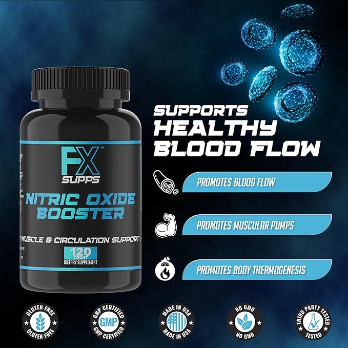 FX SUPPS Nitric Oxide Booster | Bodybuilding Pre Workout Pills for Men and Women (1 Pack of 120 Capsules) Boost Energy Pump & Vascularity | Muscle Builder Supplement with Arginine, Best for Athletes