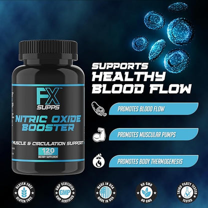 FX SUPPS Nitric Oxide Booster | Bodybuilding Pre Workout Pills for Men and Women (1 Pack of 120 Capsules) Boost Energy Pump & Vascularity | Muscle Builder Supplement with Arginine, Best for Athletes