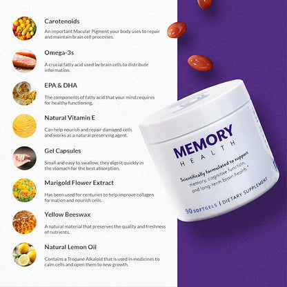 Brain Supplement for Memory and Focus with Vitamin E (90 softgels/30 Servings) - Brain Booster Softgels for Clarity, Energy-Supplements for Concentration-Omega 3, Carotenoid
