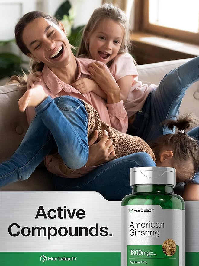 Horbäach American Ginseng Capsules | 1800 mg | 200 Count | Non-GMO, Gluten Free Supplement | Ginseng Root Extract Complex