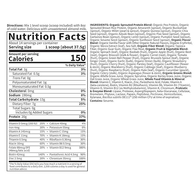 Garden of Life Meal Replacement Shakes, Vegan Protein Powder, Raw Organic Protein Powder, Vanilla Protein Powder with Plant Based Pea Protein, Sprouts, Greens, Probiotics, Dairy Free 14 Servings