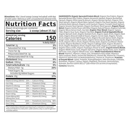 Garden of Life Meal Replacement Shakes, Vegan Protein Powder, Raw Organic Protein Powder, Vanilla Protein Powder with Plant Based Pea Protein, Sprouts, Greens, Probiotics, Dairy Free 14 Servings