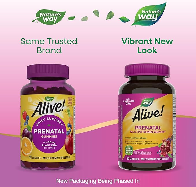 Nature’s Way Alive! Prenatal Multivitamin, Plant-Based DHA for Baby's Healthy Brain & Eye Development*, Vegetarian, Orange and Raspberry Lemonade Flavored, 90 Gummies (Packaging May Vary)