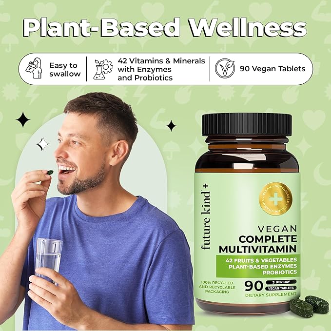 Future Kind Vegan Multivitamins Complete (90tabs in Recycled Bottle) - 42-in-1 Vegan Multivitamins for Women & Men - Multivitamin w Enzymes & Probiotics for Digestion - Vegan Vitamins w B12 & Zinc