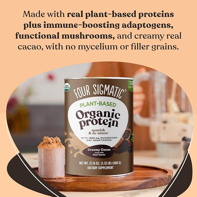 Four Sigmatic Organic Plant-Based Protein Powder Creamy Cacao Protein with Lion’s Mane, Chaga, Cordyceps and More | Clean Vegan Protein Elevated for Brain Function and Immune Support | 21.16 oz