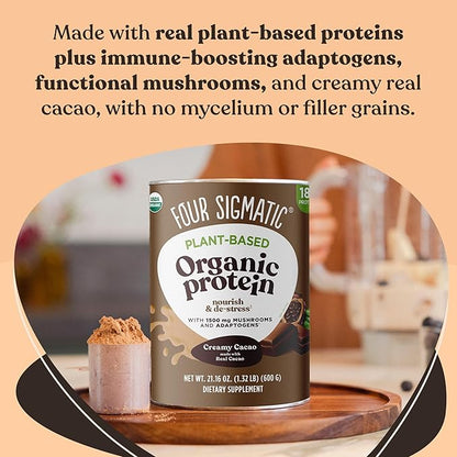 Four Sigmatic Organic Plant-Based Protein Powder Creamy Cacao Protein with Lion’s Mane, Chaga, Cordyceps and More | Clean Vegan Protein Elevated for Brain Function and Immune Support | 21.16 oz
