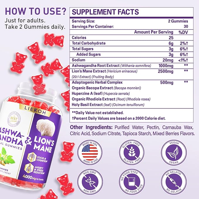 Ashwagandha Gummies - Cortisol Supplements for Women & Men - Lions Mane Gummies for Adults| Cortisol, Cognitive & Immune Support| 4000MG Ashwagandha Gummies, Berry Flavor - 60 Organic Mushroom Gummies