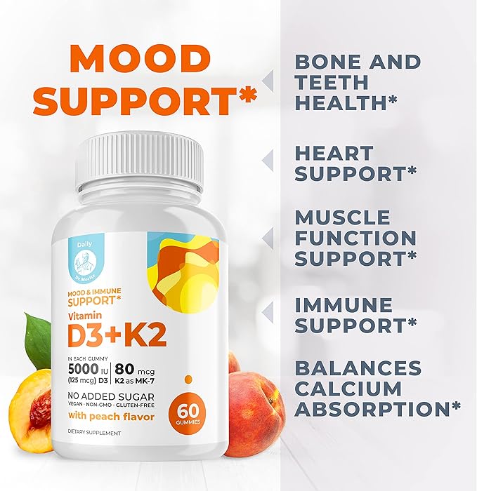 DR. MORITZ Vitamin D3 K2 Gummies 5000 IU - Sugar-Free VIT D Gummy Supplement for Immune Support & Healthy Bones * - High-Absorption, Vegan, Gluten-Free Chewable Gummies for Adults & Kids