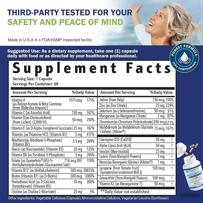 Power By Naturals Methyl Multi One - Methylated Multivitamin with Methylfolate & Methyl B12 for MTHFR Maintenance, 120 Capsules, 4 Month Supply, Made in USA (Packaging May Vary)
