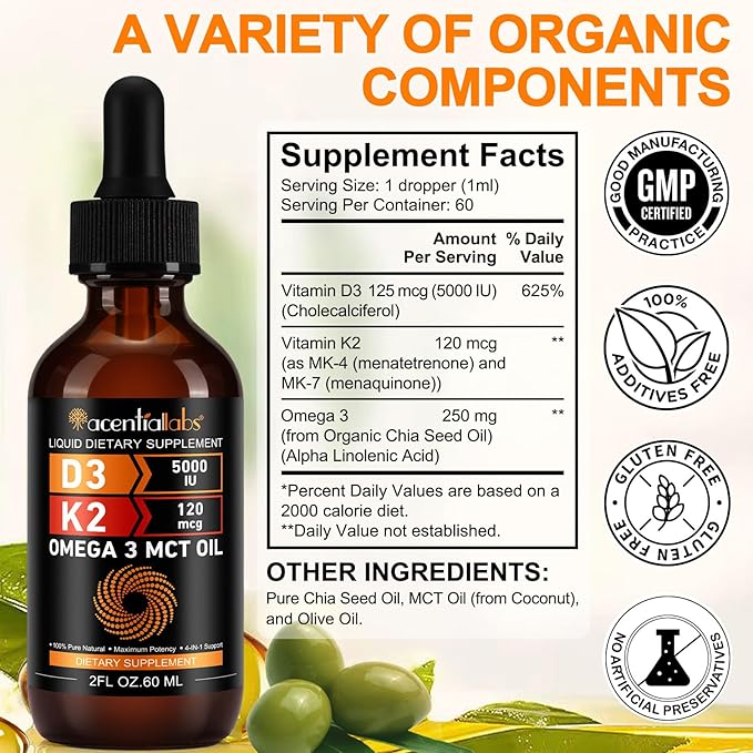 Vitamin D3 K2 Drops w MCT Oil Omega 3, 4-in-1 Support, 5000 IU of Vitamin D3 and 120 mcg of Vitamin K2. Liquid D3 for Body’s Defenses & Faster Absorption, Unflavored