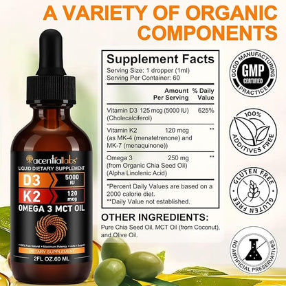 Vitamin D3 K2 Drops w MCT Oil Omega 3, 4-in-1 Support, 5000 IU of Vitamin D3 and 120 mcg of Vitamin K2. Liquid D3 for Body’s Defenses & Faster Absorption, Unflavored