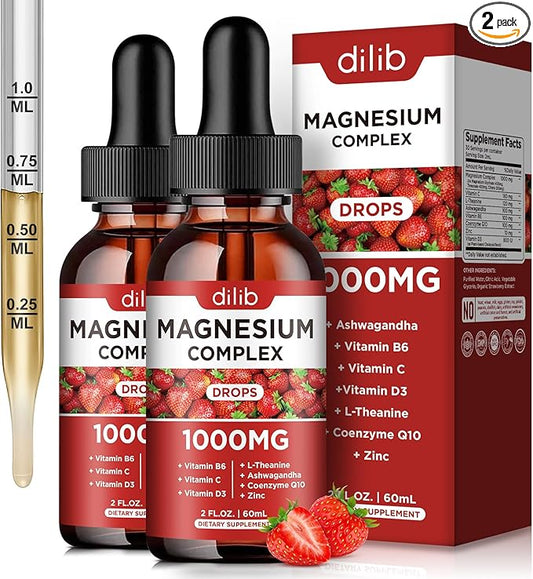 Triple Magnesium Complex Supplement, Magnesium Glycinate, Blend, Citrate Liquid Drops 1000mg with Ashwagandha, CoQ10, Vitamin B6, C, D, Zinc -Support Calm Stress Relief, Bone, Muscle, Mood 2 Pack