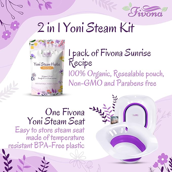 FIVONA Yoni Steam Kit 2-in-1 Seat with V Steaming Herbs Sunrise Recipe for Detox, Cleansing, PH Balance and Odor Control