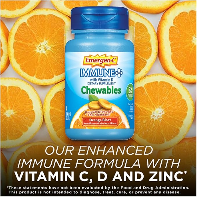Emergen-C Immune+ Chewables 1000mg Vitamin C Tablet, with Vitamin D, Immune Support Dietary Supplement for Immunity, Orange Blast Flavor - 14 Count