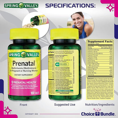 Spring Valley Prenatal Multivitamin Multimineral for Pregnant & Nursing Women Dietary Supplement Tablets 100 Ct 3 pk Choice Bundle (300 Total) + Vitamin Guide & Pill Container (5 Items)!