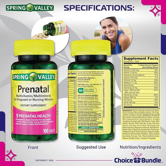 Spring Valley Prenatal Multivitamin Multimineral for Pregnant & Nursing Women Dietary Supplement Tablets 100 Ct 4 pk Choice Bundle (400 Total) + Vitamin Guide & Pill Container (6 Items)!