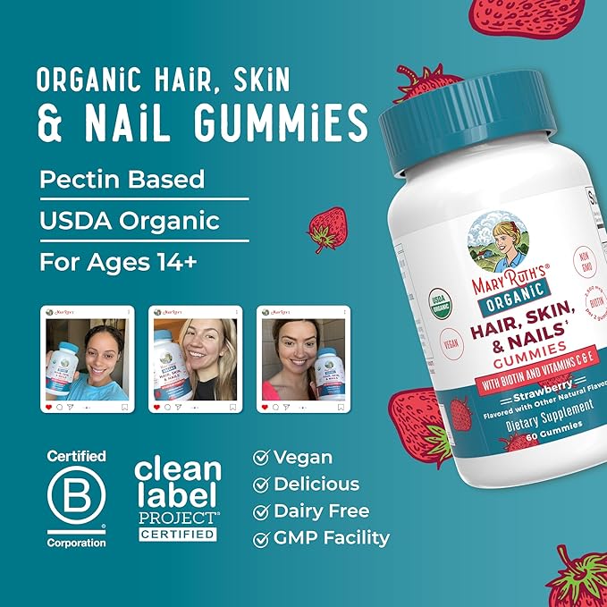 MaryRuth Organics Hair | Skin | and Nails Vitamins | Biotin Gummies with Vitamin C & Vitamin E | Hair Growth Vitamins | Skin Care | Nail Strength | USDA Organic Gummies for Ages 14+ | 60 Count