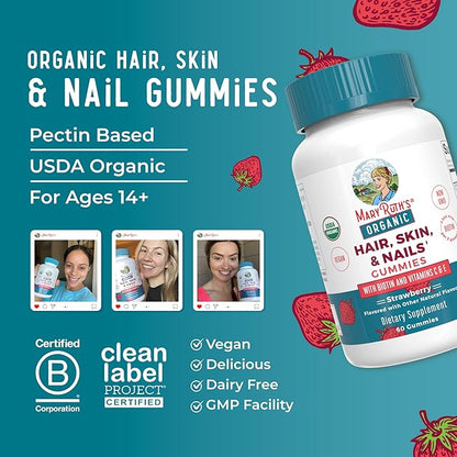 MaryRuth Organics Hair | Skin | and Nails Vitamins | Biotin Gummies with Vitamin C & Vitamin E | Hair Growth Vitamins | Skin Care | Nail Strength | USDA Organic Gummies for Ages 14+ | 60 Count