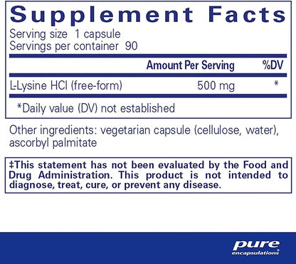 Pure Encapsulations L-Lysine - Essential Amino Acid Supplement for Immune Support & Gum, Lip Health* - with L-Lysine HCl - 90 Capsules