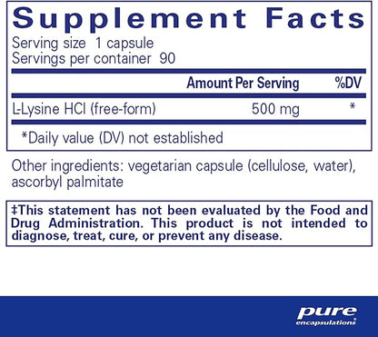 Pure Encapsulations L-Lysine - Essential Amino Acid Supplement for Immune Support & Gum, Lip Health* - with L-Lysine HCl - 90 Capsules