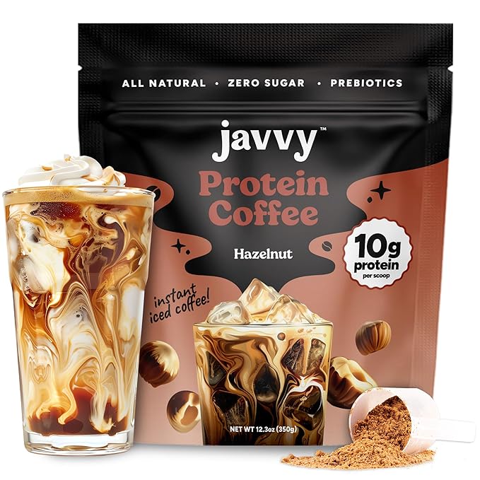 Javvy Hazelnut Protein Coffee - Premium Whey Protein & Instant Iced Coffee - 100% Arabica Coffee - Zero Artificial Flavors & Sweeteners, 20 Servings