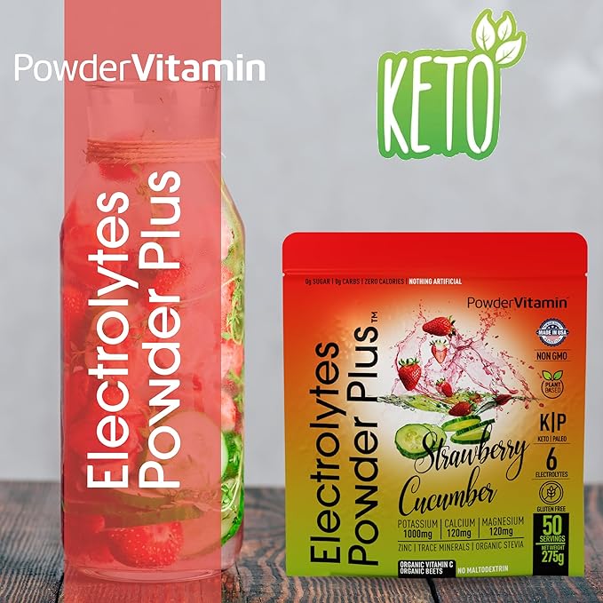 Electrolytes Powder Plus (50 Servings), 0 Calorie Keto, 0 Sugar, No Maltodextrin,1000mg Potassium,120mg Calcium,120mg Magnesium, Hydration Powder (50 Servings, Strawberry Cucumber)