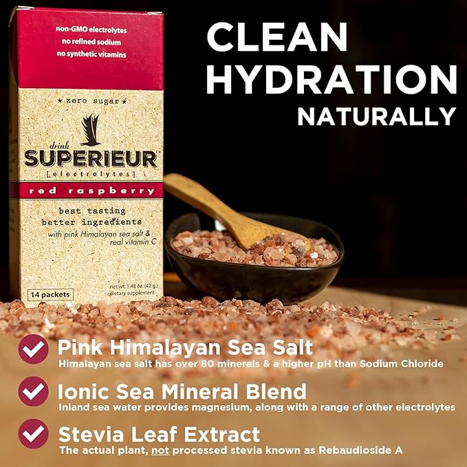 Superieur Electrolyte Powder Packets - Vegan Electrolyte Hydration Powder w/Sea Minerals - Keto Friendly, Non-GMO, Zero Sugar Electrolyte Supplement - Healthy Sports Drink - Raspberry (14 Packets)