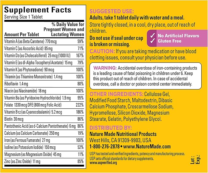 Nature Made Prenatal Multivitamin with Folic Acid, Prenatal Vitamin and Mineral Supplement for Daily Nutritional Support, 90 Tablets, 90 Day Supply