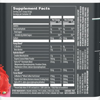 Pre Workout Powder Energy Drink Supplement | Clean Vegan Plant-Based Pre-Workout Supplement | Pump, Hydrate, Focus, Endurance & Strength Builder | Watermelon Flavored | 30 Servings | Active Preworkout