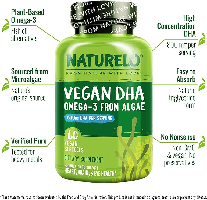 NATURELO Vegan DHA - Omega 3 Oil from Algae - Supplement for Brain, Heart, Joint, Eye Health - Provides Essential Fatty Acids for Women, Men and Kids - Complements Prenatal Vitamins - 60 Softgels