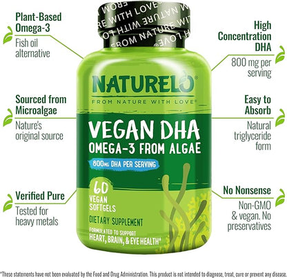 NATURELO Vegan DHA - Omega 3 Oil from Algae - Supplement for Brain, Heart, Joint, Eye Health - Provides Essential Fatty Acids for Women, Men and Kids - Complements Prenatal Vitamins - 60 Softgels