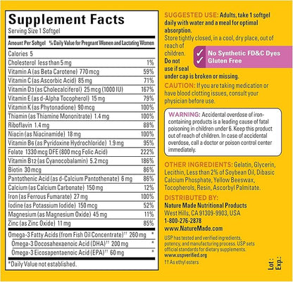 Nature Made Prenatal with Folic Acid + DHA, Prenatal Vitamin and Mineral Supplement for Daily Nutritional Support, 110 Softgels, 110 Day Supply
