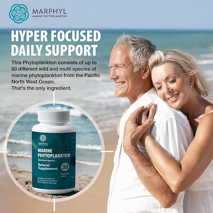 MARPHYL Marine Phytoplankton Wild Multi Species Natural Supplement - 150 mg per Capsule - Organic - 30 Vegan Capsules - from Vancouver Island, Canada