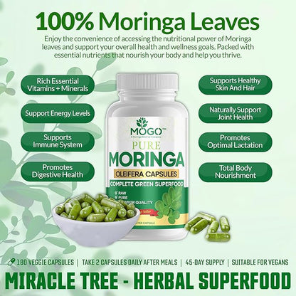 MOGO Organic Moringa Powder Capsules,180 Ct | Moringa Supplement for Energy, Immunity & Joint Health, Our Moringa Capsule Made with Pure Moringa Powder Organic,Vegan and Non GMO.