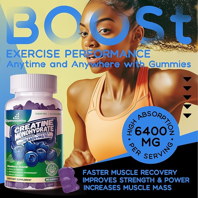 Creatine Monohydrate Gummies Complex 6400mg for Men & Women -Advanced Formula W/L-Taurine + Vitamin B12, Sugar Free Chewable Supplement,90 Blueberry Gummies
