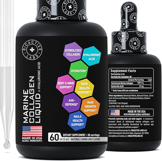 Liquid Marine Collagen Peptides with 10mg Hyaluronic Acid Supplement - 1,000mg Hydrolyzed Collagen Drops for Skin, Hair, Joints Support - Liquid Collagen For Women And Men - 30-Day Collagen Drink