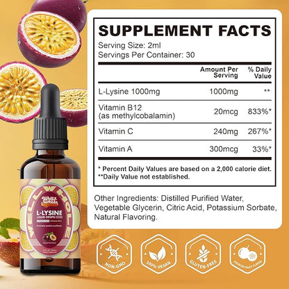 L-Lysine Supplement Liquid Drops | L-Lysine Vitamins 1000mg Tincture with Vitamin A, C, and B12 | Immune Support, Skin & Lips Health, Collagen Synthesis & Muscle Recovery | Non-GMO, Vegan，2 Fl Oz